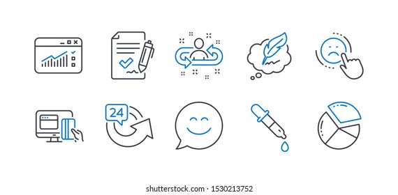 Set of Business icons, such as Recruitment, Approved agreement, Smile chat, Online payment, 24 hours, Copyright chat, Dislike, Chemistry pipette, Web traffic, Pie chart line icons. Vector