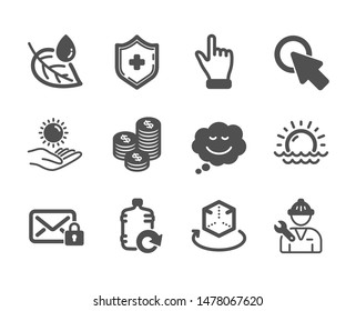 Set of Business icons, such as Refill water, Coins, Click hand, Repairman, Medical shield, Sunset, Secure mail, Click here, Leaf dew, Augmented reality, Speech bubble, Sun protection. Vector