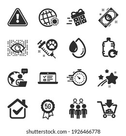 Set of Business icons, such as Refill water, Dog vaccination, Web lectures symbols. 5g technology, Group people, Euro money signs. Timer, Oil drop, Present delivery. World weather. Vector