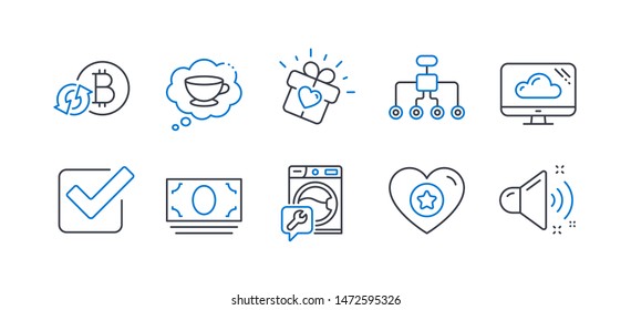 Set of Business icons, such as Refresh bitcoin, Heart, Cash money, Washing machine, Cloud storage, Checkbox, Restructuring, Coffee cup, Love gift, Loud sound line icons. Vector