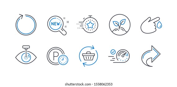 Set of Business icons, such as Refresh cart, Parking time, Blood donation, Speedometer, Startup, Eye laser, Loop, Timer, New products, Share line icons. Online shopping, Park clock. Vector