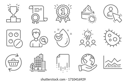 Set of Business icons, such as Refresh cart, Bacteria. Diploma, ideas, save planet. Buildings, Water drop, Medical tablet. Search people, Winner podium, Recovery file. Vector