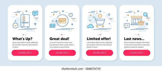 Set of Business icons, such as Refund commission, Refrigerator, Online market symbols. Mobile screen app banners. Marketplace line icons. Cashback card, Two-chamber fridge, Shopping cart. Vector