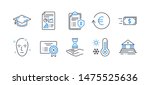 Set of Business icons, such as Reject certificate, Time hourglass, Privacy policy, Exchange currency, Weather thermometer, Report document, Money transfer, Health skin, Graduation cap. Vector