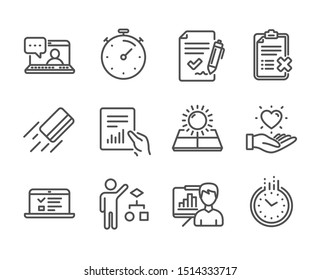 Ensemble d'icônes Business, telles que Rejeter la liste de contrôle, Timer, Document, Table de présentation, Algorithm, Time, Carte de crédit, Accord approuvé, Sun energy, conférences Web, Chat d'amis, Hold heart. Image vectorielle
