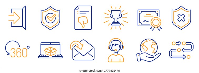 Set of Business icons, such as Reject protection, Online delivery. Certificate, save planet. Exit, Receive mail, Full rotation. Confirmed, Consultant, Methodology. Vector