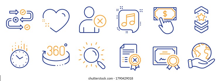 Set of Business icons, such as Reject certificate, Payment click. Certificate, save planet. Survey progress, Musical note, 360 degrees. Heart, Time, Delete user. Vector