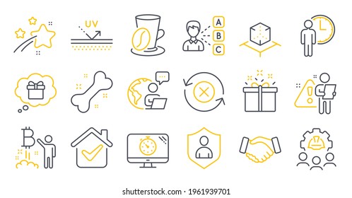 Set Of Business Icons, Such As Reject Refresh, Opinion, Special Offer Symbols. Engineering Team, Waiting, Gift Dream Signs. Handshake, Dog Bone, Bitcoin Project. Security, Coffee Cup. Vector