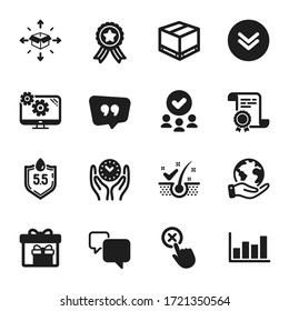 Set of Business icons, such as Report diagram, Delivery boxes. Certificate, approved group, save planet. Safe time, Parcel delivery, Speech bubble. Vector