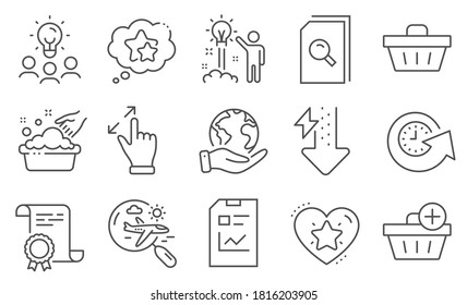 Set of Business icons, such as Report document, Energy drops. Diploma, ideas, save planet. Creative idea, Search flight, Add purchase. Hand washing, Shopping basket, Search files. Vector