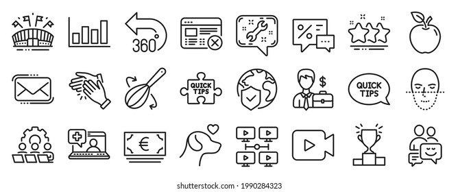 Set of Business icons, such as Report diagram, Teamwork, Stars icons. World insurance, Communication, Apple signs. Sports arena, Reject web, Winner podium. Messenger mail, Businessman case. Vector