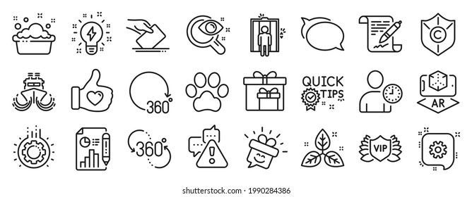 Set of Business icons, such as Report document, Ship, Warning icons. Gear, Cogwheel, Voting ballot signs. Quick tips, 360 degree, 360 degrees. Hand washing, Augmented reality, Like hand. Vector