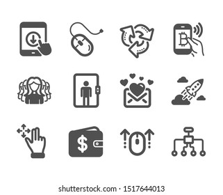 Set of Business icons, such as Restructuring, Swipe up, Dollar wallet, Recycle, Elevator, Scroll down, Move gesture, Love mail, Startup rocket, Computer mouse, Bitcoin pay, Women group. Vector