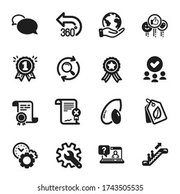 Set of Business icons, such as Reward, Peanut. Certificate, approved group, save planet. Search, Escalator, Customisation. Time management, Messenger, Faq. Vector