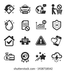 Set of Business icons, such as Salary, 24 hours, Thunderstorm weather symbols. Vitamin e, Cashback, Heart signs. Wrong file, 5g statistics, Taxi. Love award, Quick tips, Stop shopping. Vector