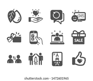 Set of Business icons, such as Sale offer, Hold heart, Mobile survey, Opened gift, Mineral oil, Like hand, Best manager, Communication, Crane claw machine, Recovery data, Partnership. Vector