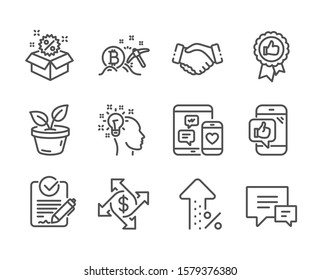Set of Business icons, such as Sale, Idea, Increasing percent, Handshake, Bitcoin mining, Rfp, Mobile like, Payment exchange, Positive feedback, Leaves, Social media, Comment line icons. Vector