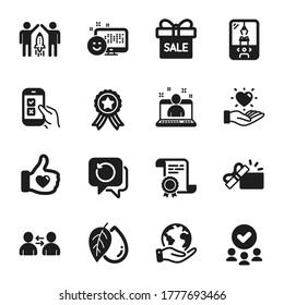 Set of Business icons, such as Sale offer, Hold heart. Certificate, approved group, save planet. Mobile survey, Opened gift, Mineral oil. Like hand, Best manager, Communication. Vector