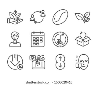 Set of Business icons, such as Scroll down, 48 hours, User communication, Leaves, Loan percent, Organic product, Businesswoman person, Calendar, Face attention, Coffee beans line icons. Vector