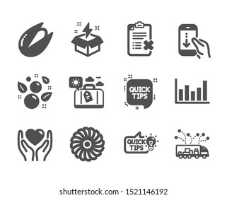 Set of Business icons, such as Scroll down, Hold heart, Truck delivery, Column chart, Reject checklist, Travel luggage, Fan engine, Education idea, Pistachio nut, Quick tips, Creative idea. Vector