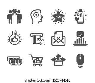 Set of Business icons, such as Scroll down, Friends couple, Like hand, Clean bubbles, Ram, Recruitment, Send box, Credit card, Smile, Internet shopping, New star, Reject letter. Vector