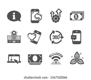 Set of Business icons, such as Scroll down, Cash money, Incoming call, Smartphone message, Heart, Information, Wifi, 360 degree, Banking, Fair trade, Seo gear, Hospital building. Vector