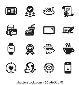 Juego de iconos de Business, como Desplazar hacia abajo, Rotación completa. Certificado, grupo aprobado, salvar planeta. Smartwatch, Copyright laptop, café. Monitor, Informe contable, Idea. Vector