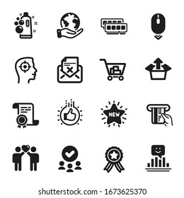 Set of Business icons, such as Scroll down, Friends couple. Certificate, approved group, save planet. Like hand, Clean bubbles, Ram. Recruitment, Send box, Credit card. Vector