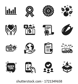 Set of Business icons, such as Scroll down, Hold heart. Certificate, approved group, save planet. Truck delivery, Column chart, Reject checklist. Travel luggage, Fan engine, Education idea. Vector