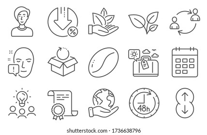 Set of Business icons, such as Scroll down, 48 hours. Diploma, ideas, save planet. User communication, Leaves, Loan percent. Organic product, Businesswoman person, Calendar. Vector