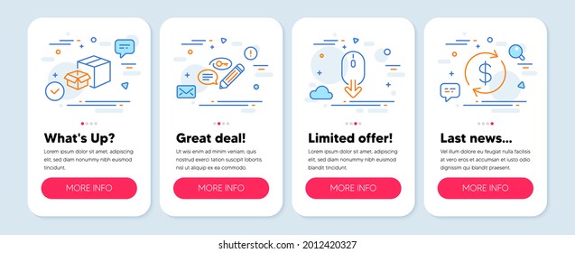 Set of Business icons, such as Scroll down, Packing boxes, Keywords symbols. Mobile screen banners. Usd exchange line icons. Mouse swipe, Delivery box, Pencil with key. Currency rate. Vector