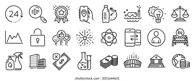 Set of Business icons, such as Scuba diving, Chemistry lab, Rejected payment icons. Search text, Lock, Like signs. Court building, Idea gear, Eu close borders. Location app, Justice scales. Vector