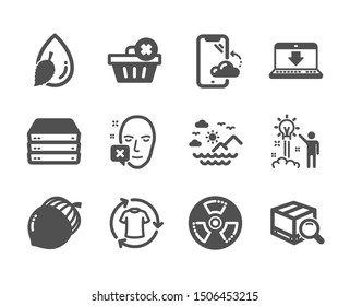 Set of Business icons, such as Search package, Change clothes, Face declined, Creative idea, Internet downloading, Servers, Sea mountains, Water drop, Chemical hazard, Smartphone cloud. Vector