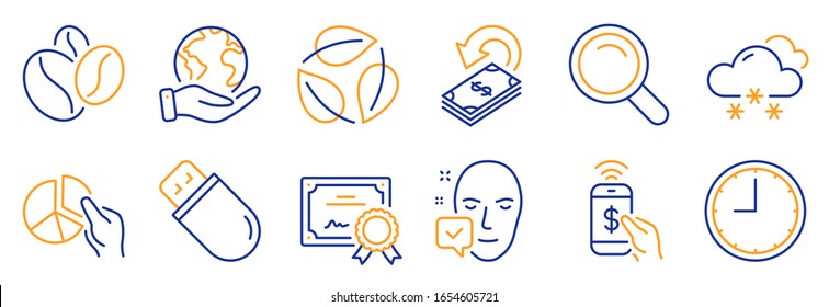 Set of Business icons, such as Search, Snow weather. Certificate, save planet. Pie chart, Cashback, Leaves. Coffee beans, Time, Face accepted. Usb stick, Phone payment line icons. Vector