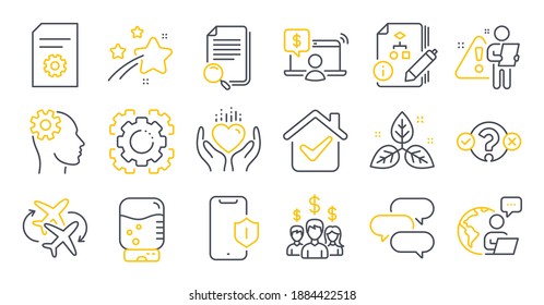 Set of Business icons, such as Search file, File settings, Hold heart symbols. Engineering, Salary employees, Quiz test signs. Seo gear, Talk bubble, Connecting flight. Algorithm. Vector