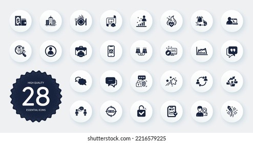 Set of Business icons, such as Search flight, Online education and Fireworks rocket flat icons. Avatar, Cardio training, Delivery notification web elements. Message, Teamwork chart. Vector