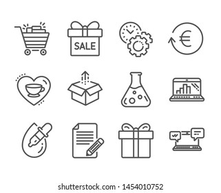 Set of Business icons, such as Send box, Exchange currency, Eye drops, Graph laptop, Love coffee, Gift box, Shopping cart, Chemistry lab, Sale offer, Time management, Article line icons. Vector