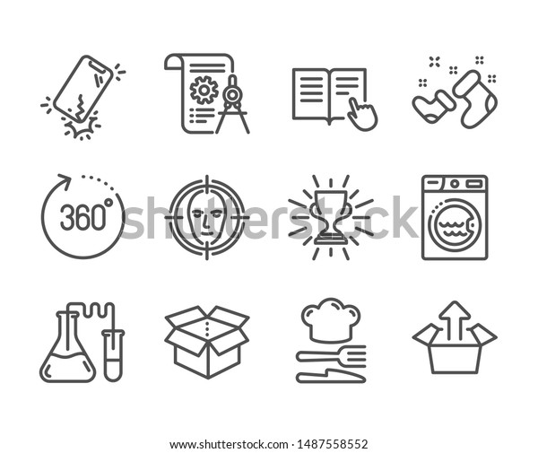 Set of Business icons, such as Send box, Trophy,\
Open box, Divider document, 360 degrees, Chemistry lab, Smartphone\
broken, Santa boots, Laundry, Food, Read instruction, Face detect.\
Vector
