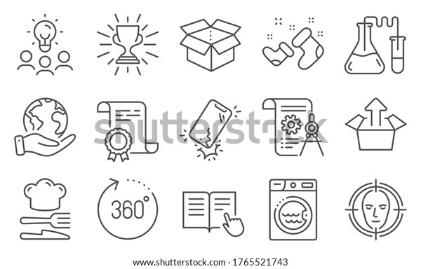 Set of Business\
icons, such as Send box, Trophy. Diploma, ideas, save planet. Open\
box, Divider document, 360 degrees. Chemistry lab, Smartphone\
broken, Santa boots.\
Vector
