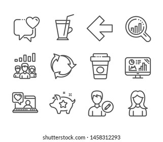 Set of Business icons, such as Seo analysis, Loyalty points, Takeaway coffee, Friends chat, Teamwork results, Recycle, Heart, Coffee cup, Woman, Analytics graph, Left arrow, Edit person. Vector