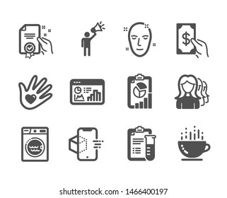 Set of Business icons, such as Seo statistics, Health skin, Receive money, Medical analyzes, Report, Laundry, Social responsibility, Coffee cup, Certificate, Brand ambassador. Vector