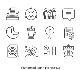 Set of Business icons, such as Seo file, Swipe up, Graph chart, Typewriter, Idea, Partnership, Startup concept, Latte coffee, Text message, Attraction, Cashew nut, Reject certificate. Vector