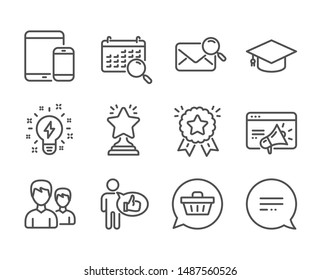 Set of Business icons, such as Seo marketing, Text message, Search mail, Winner, Shopping cart, Couple, Inspiration, Graduation cap, Mobile devices, Search calendar, Ranking star, Like. Vector