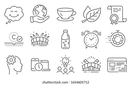 Set of Business icons, such as Seo timer, Engineering. Diploma, ideas, save planet. Sports arena, Web report, Time management. Espresso, Arena stadium, Collagen skin. Leaf, Alarm clock, Smile. Vector