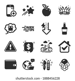Set of Business icons, such as Seo phone, Money wallet, Payment message symbols. Ice cream, Apple, Education signs. Arena stadium, Scotch bottle, Energy drops. Gift dream, Creativity. Vector