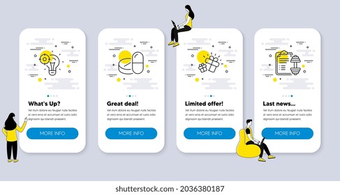 Set of Business icons, such as Seo idea, Gift, Medical drugs icons. UI phone app screens with people. Dumbbell line symbols. Performance, Marketing box, Medicine pills. Training plan. Vector