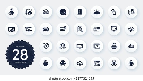 Set of Business icons, such as Seo gear, Web settings and Cashback flat icons. Cloud share, Group, Wallet web elements. Cash, Door, Cloud computing signs. Apple, Binary code, Medical drugs. Vector