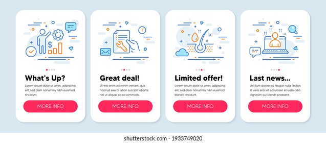 Set of Business icons, such as Serum oil, Repair document, Employees wealth symbols. Mobile screen mockup banners. Best manager line icons. Healthy hairs, Spanner tool, Results chart. Vector