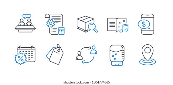 Set of Business icons, such as Settings blueprint, Water cooler, Sale tags, Calendar discounts, Phone payment, User communication, Music book, Search package, Employees talk, Location. Vector
