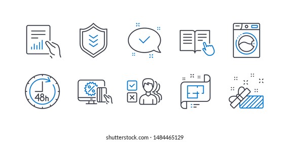 Set of Business icons, such as Shield, Washing machine, 48 hours, Read instruction, Opinion, Online shopping, Architectural plan, Approved, Document, Present line icons. Line shield icon. Vector